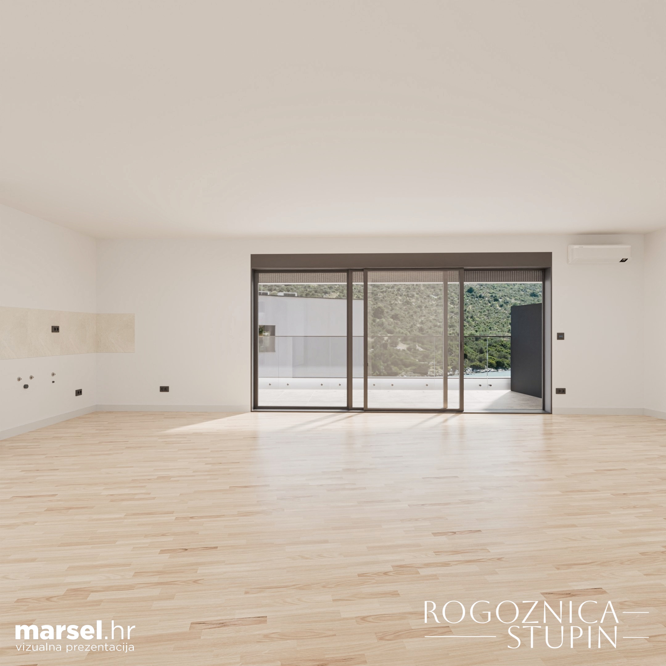 Vizualizacija interijera apartmana u novogradnji Rogoznica Stupin. Prostrani i svijetli unutarnji prostori s pogledom na more, idealni za stanovanje ili investiranje u apartman na dalmatinskoj obali.